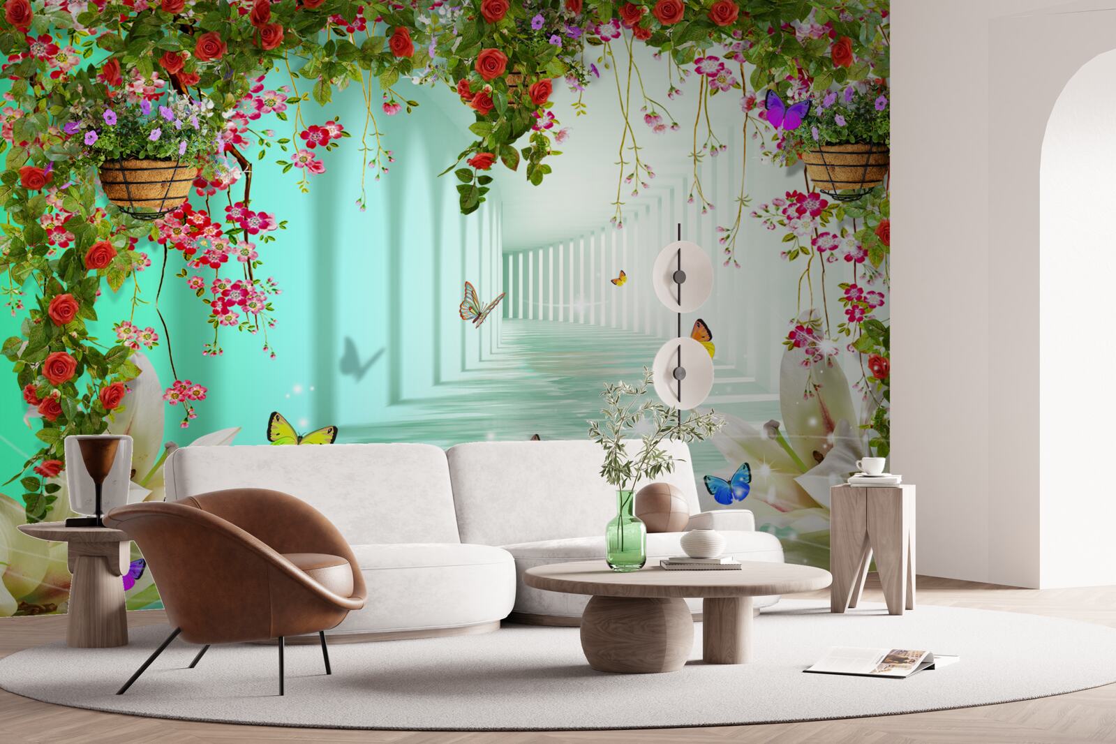 Fototapeta motyle i wiosenne kwiaty w tunelu