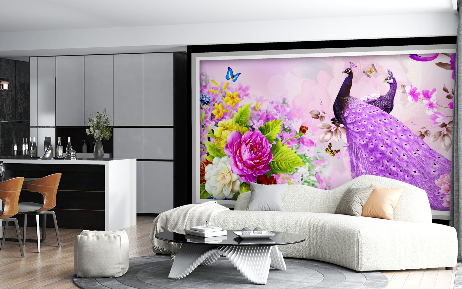 Fototapeta wśród kwiatów są dwa fioletowe pawie