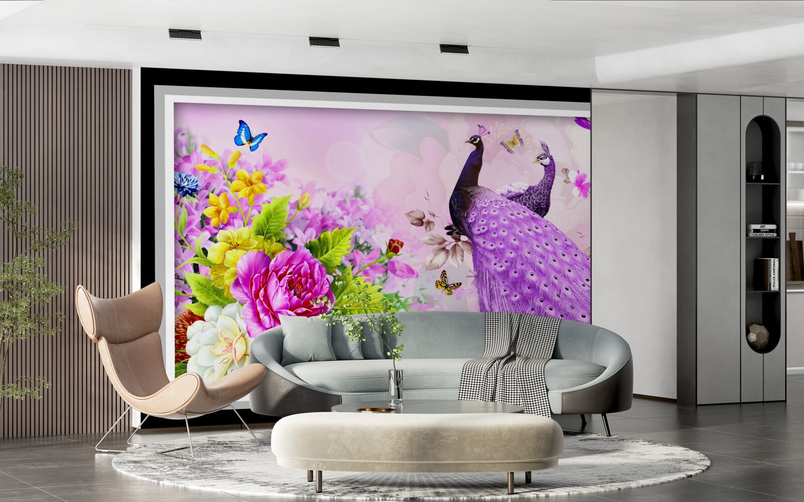 Fototapeta wśród kwiatów są dwa fioletowe pawie