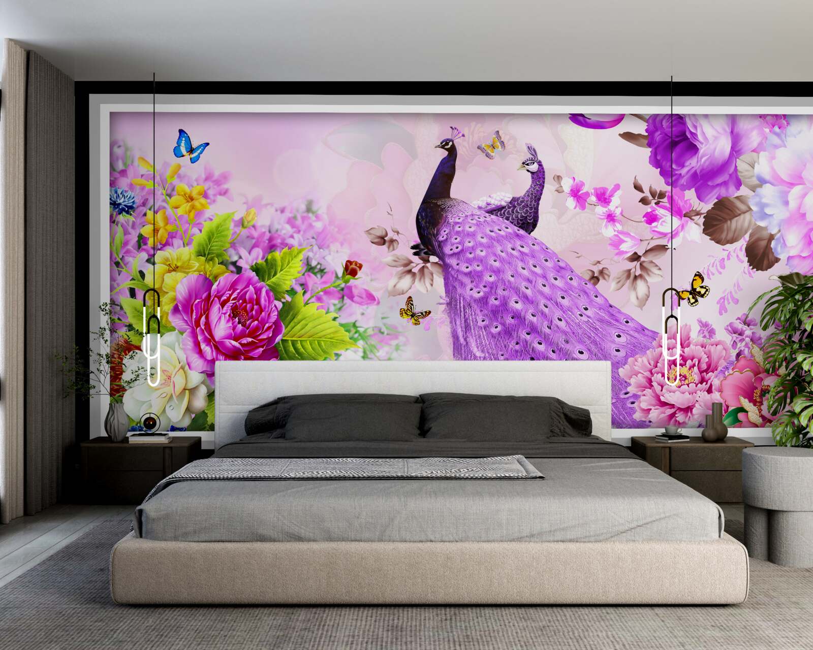 Fototapeta wśród kwiatów są dwa fioletowe pawie