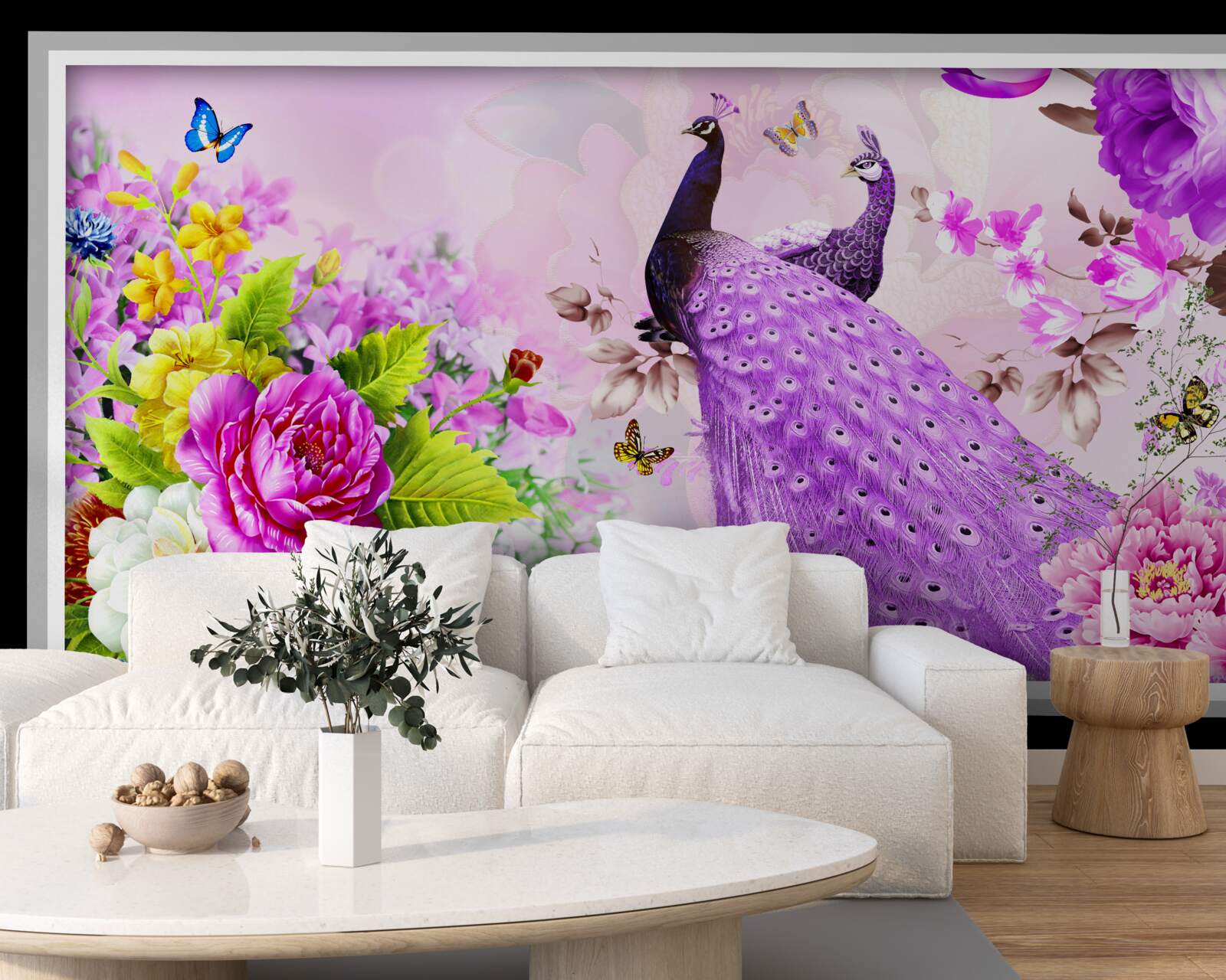 Fototapeta wśród kwiatów są dwa fioletowe pawie