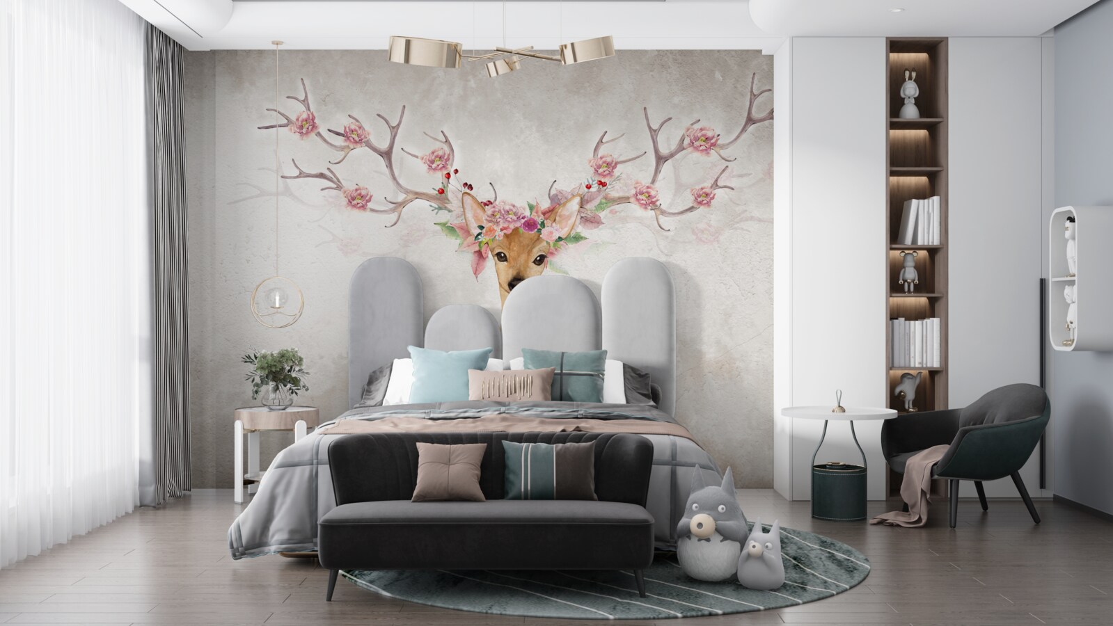 Fototapeta na obrazie przedstawiony jest jeleń z dekoracjami kwiatowymi na rogach