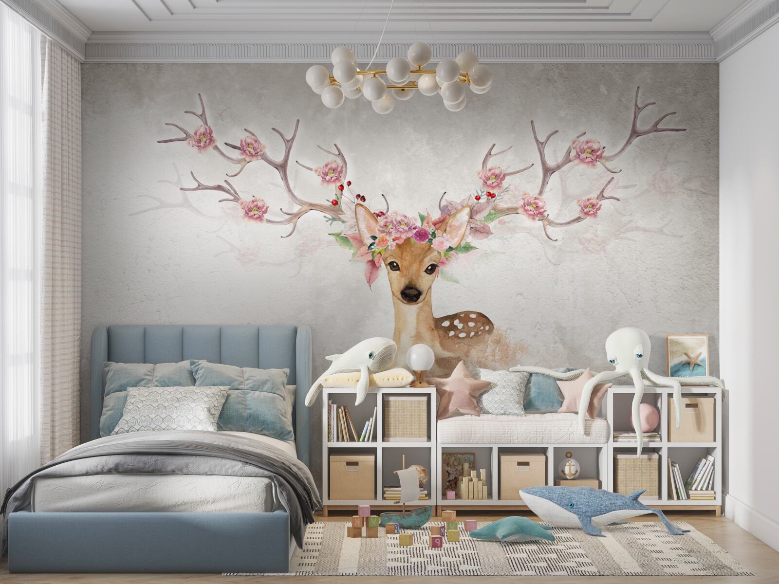 Fototapeta na obrazie przedstawiony jest jeleń z dekoracjami kwiatowymi na rogach