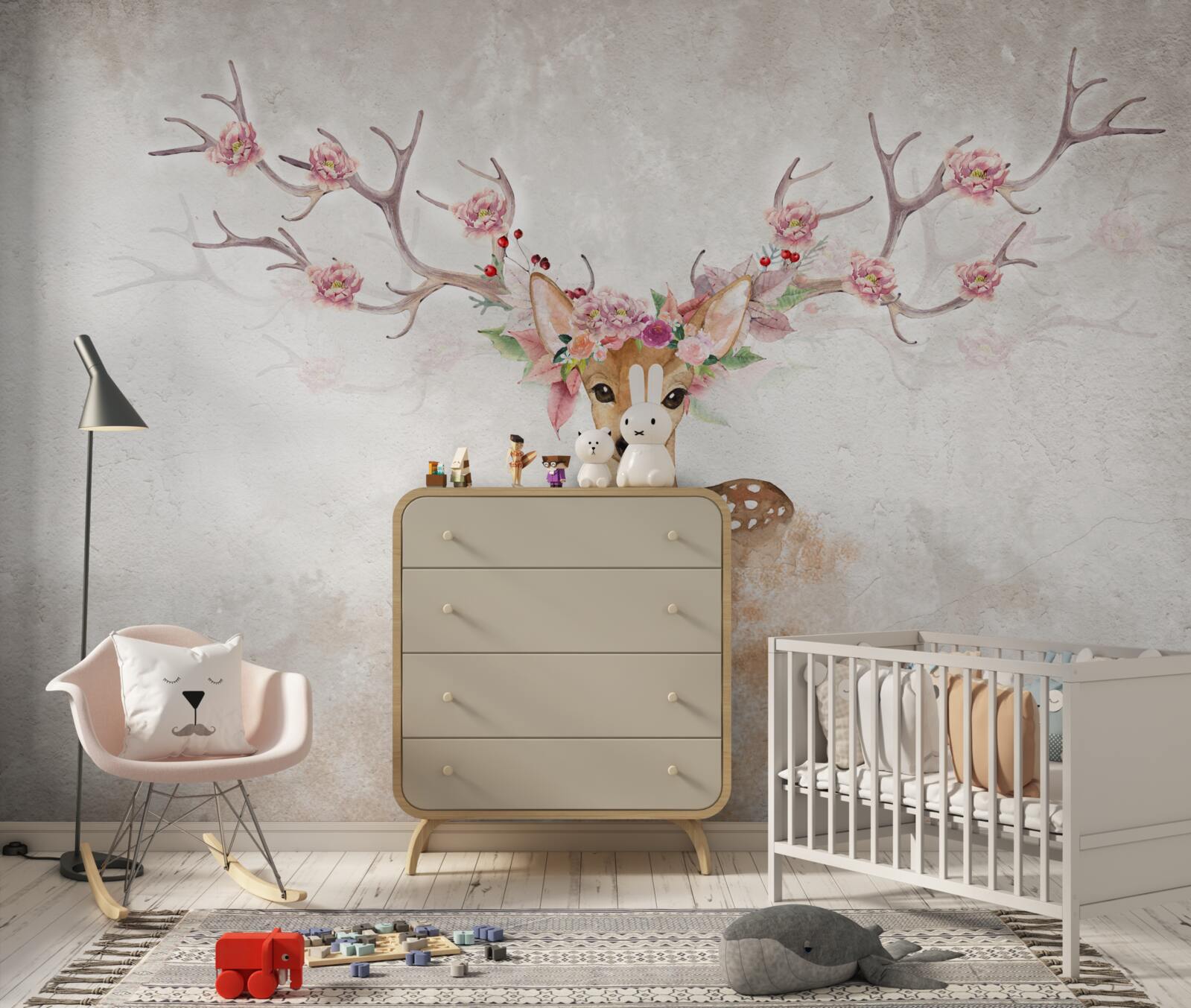 Fototapeta na obrazie przedstawiony jest jeleń z dekoracjami kwiatowymi na rogach