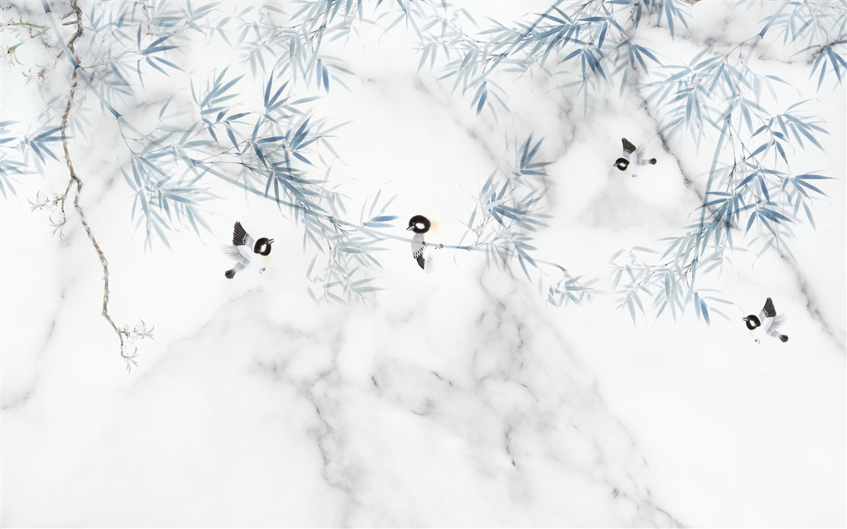 Fototapeta marmur jest śnieżnobiały, ptaki kruszą się na gałęziach