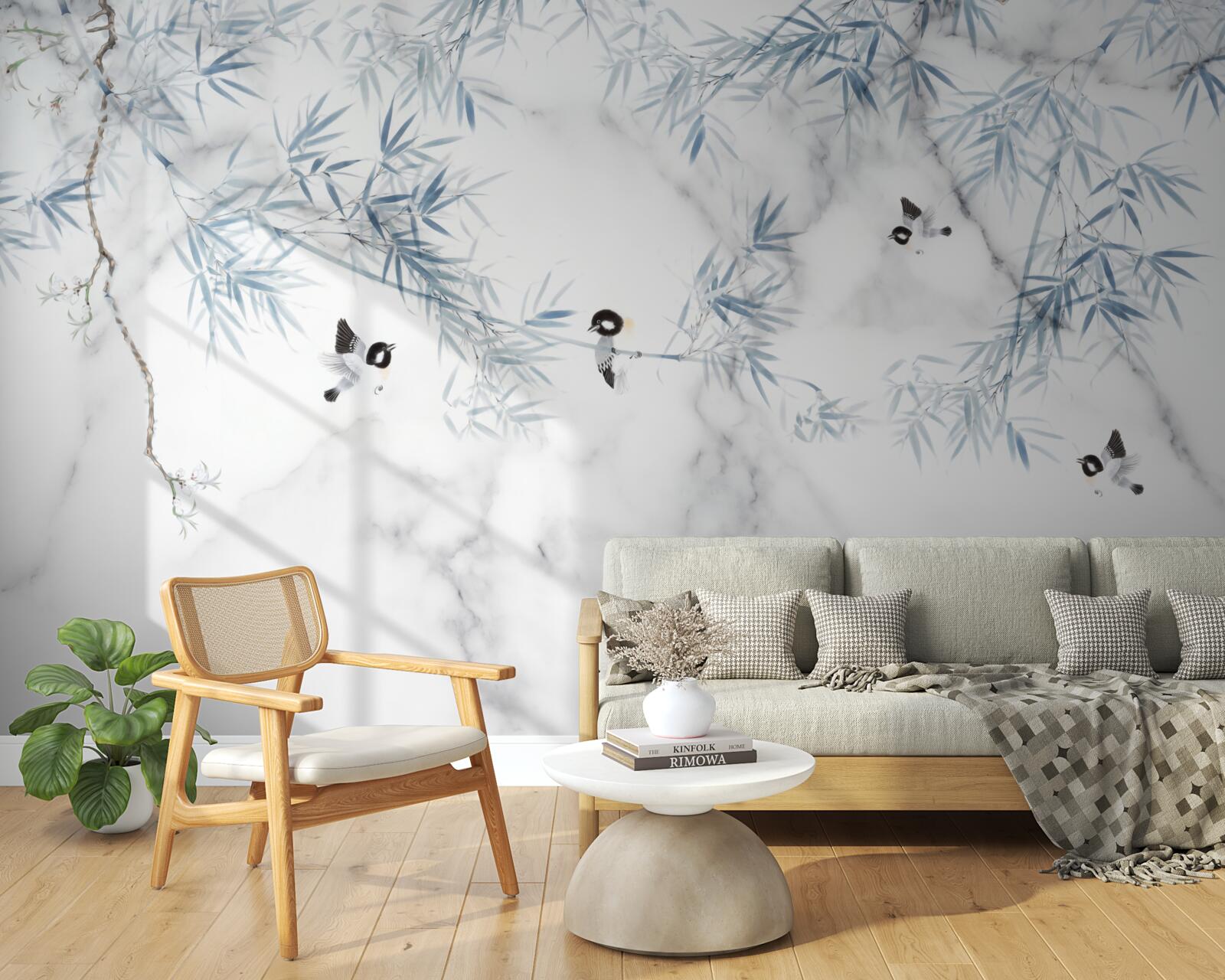 Fototapeta marmur jest śnieżnobiały, ptaki kruszą się na gałęziach