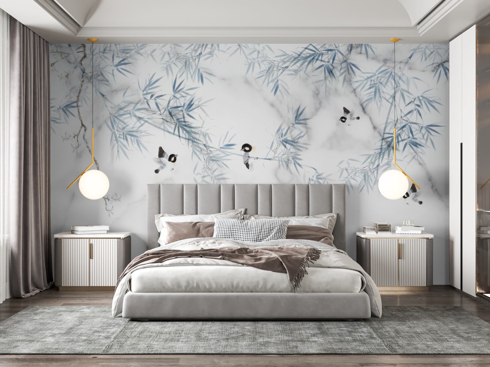 Fototapeta marmur jest śnieżnobiały, ptaki kruszą się na gałęziach