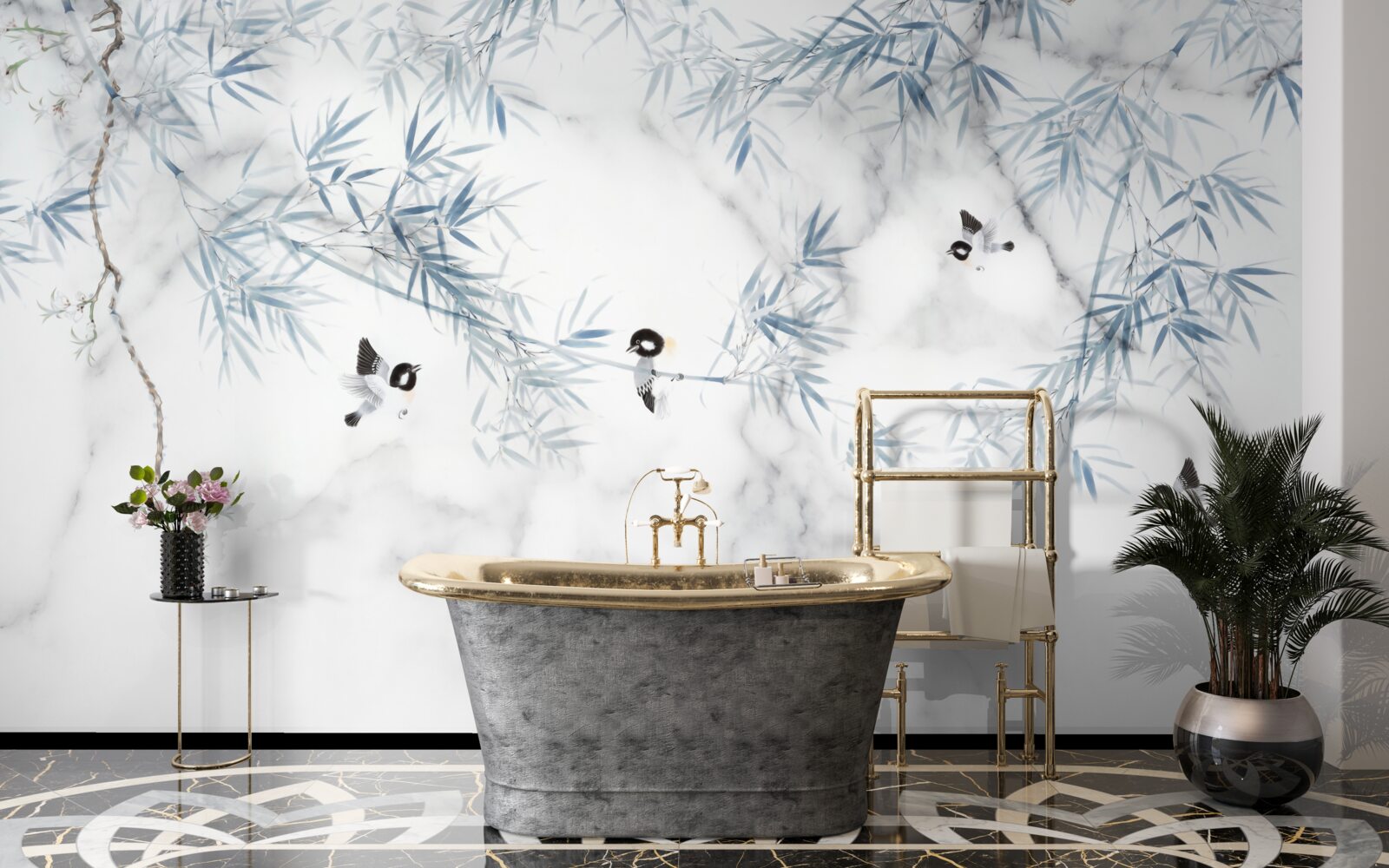 Fototapeta marmur jest śnieżnobiały, ptaki kruszą się na gałęziach