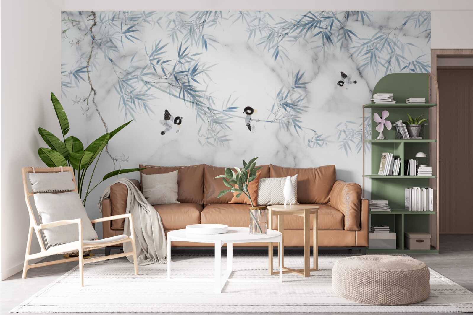 Fototapeta marmur jest śnieżnobiały, ptaki kruszą się na gałęziach