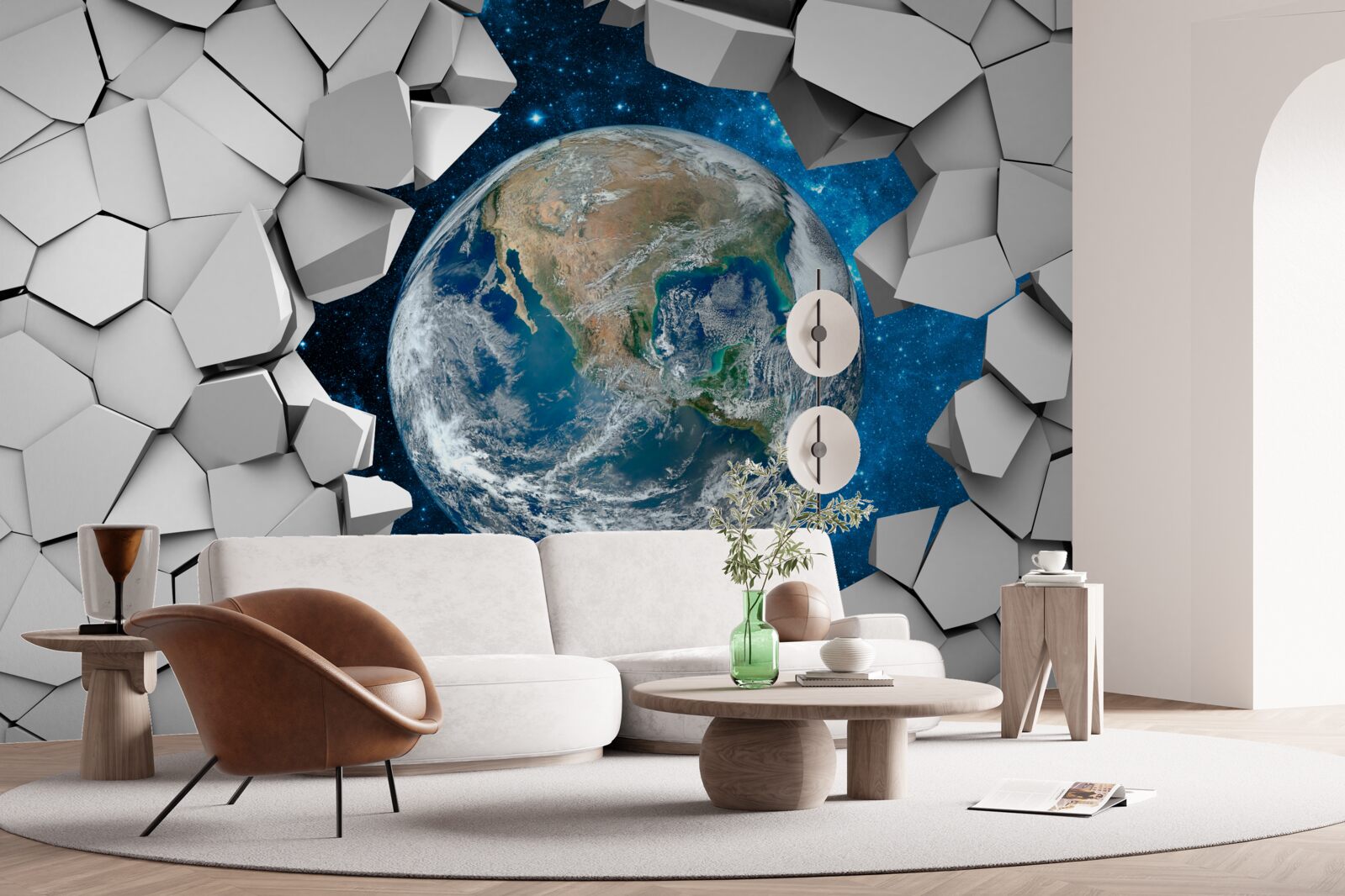 Fototapeta widok na teren przez połamany mur