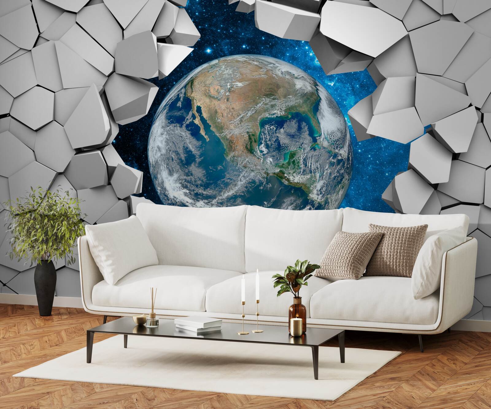 Fototapeta widok na teren przez połamany mur