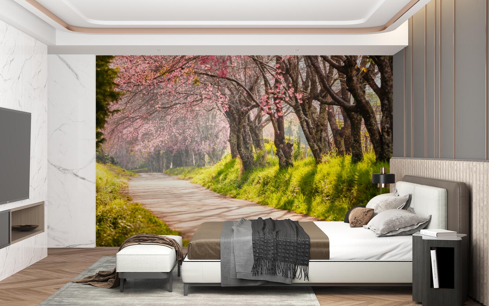 Fototapeta drzewa kwitnące wzdłuż cichej autostrady