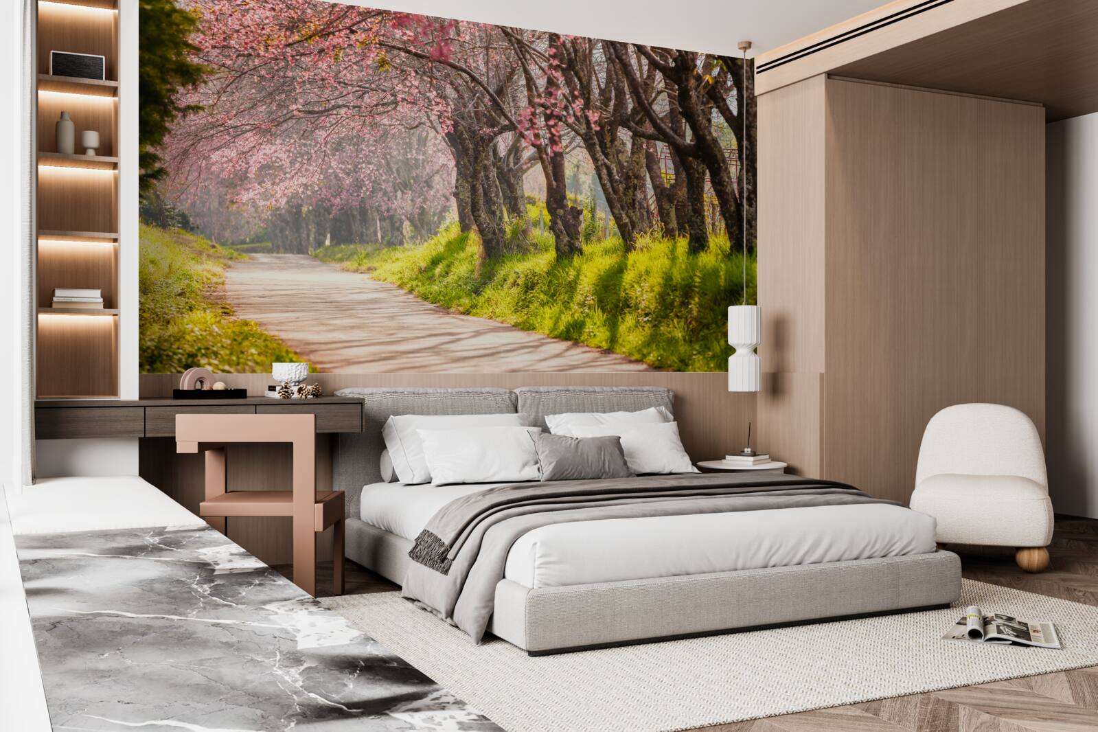 Fototapeta drzewa kwitnące wzdłuż cichej autostrady