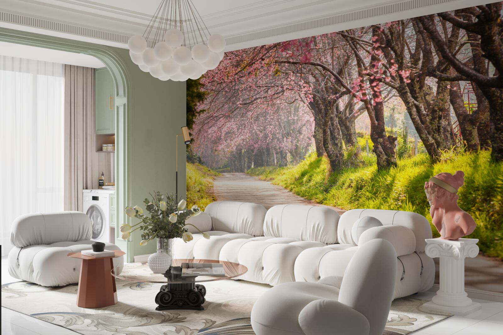 Fototapeta drzewa kwitnące wzdłuż cichej autostrady