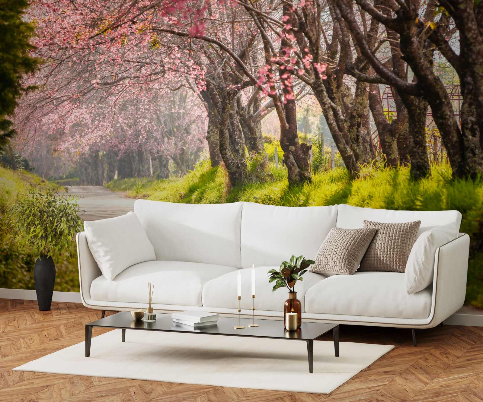 Fototapeta drzewa kwitnące wzdłuż cichej autostrady