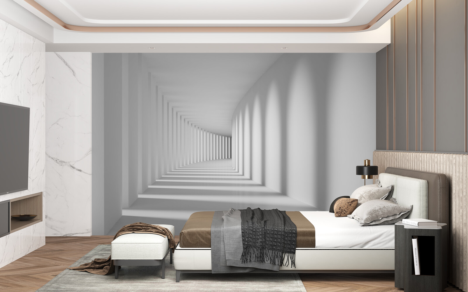 Fototapeta tunel biegnący w dal otoczony jest wysokimi kolumnami