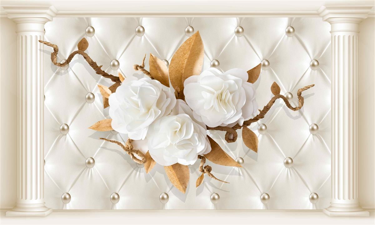 Fototapeta złote gałęzie i śnieżnobiałe kwiaty