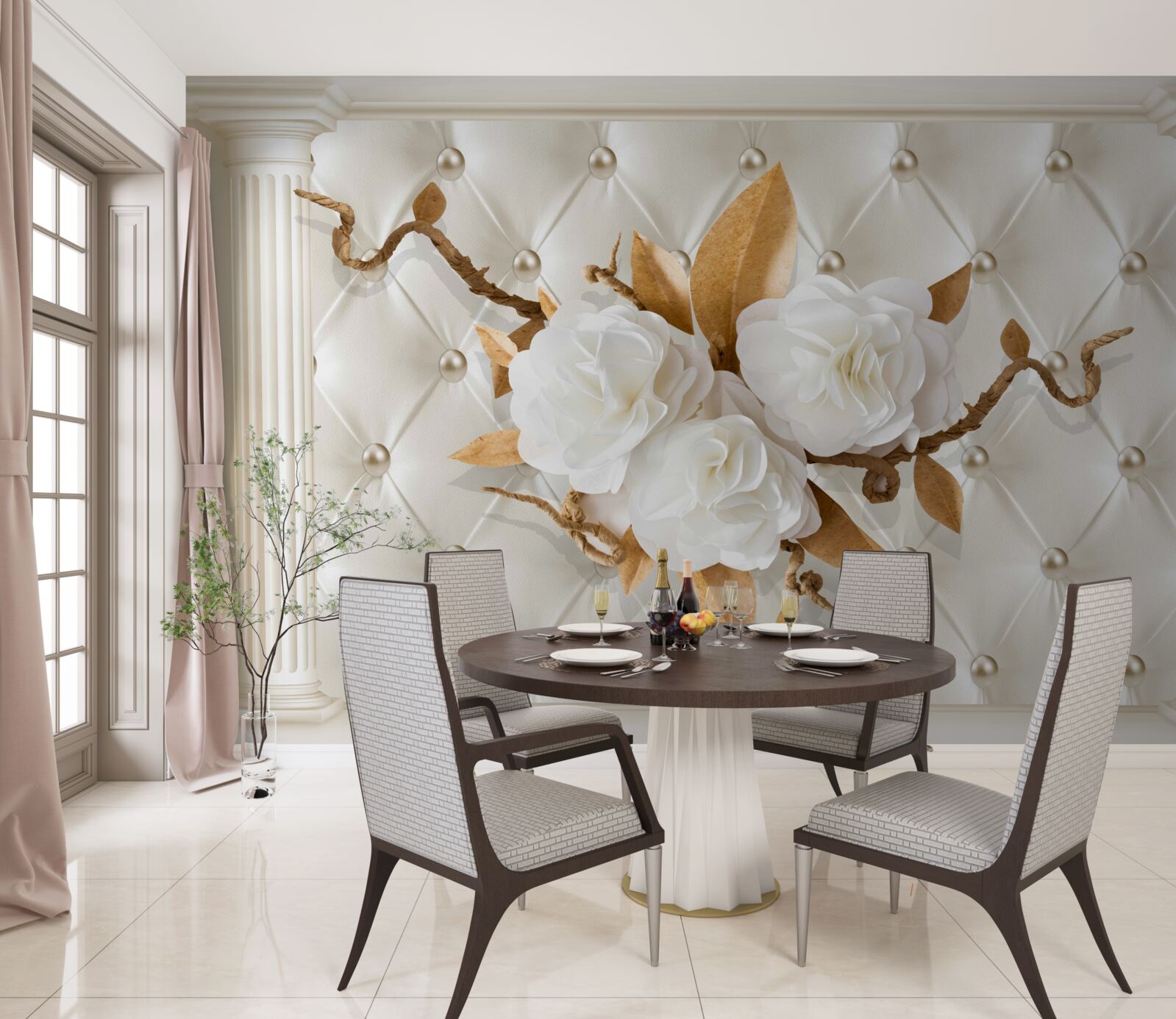 Fototapeta złote gałęzie i śnieżnobiałe kwiaty