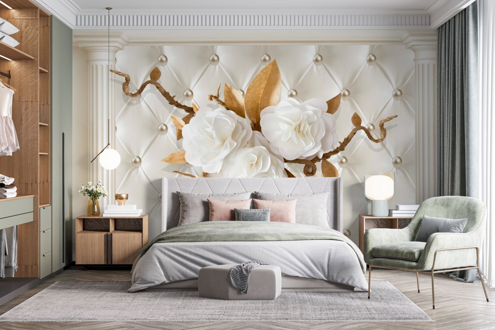 Fototapeta złote gałęzie i śnieżnobiałe kwiaty