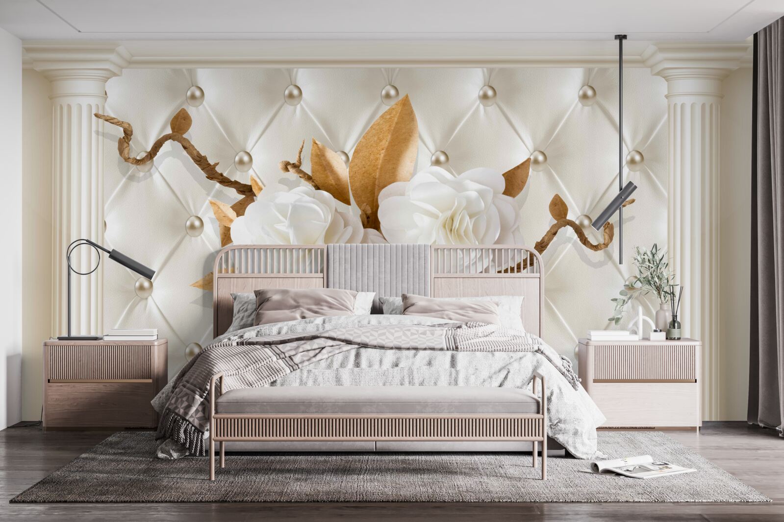 Fototapeta złote gałęzie i śnieżnobiałe kwiaty