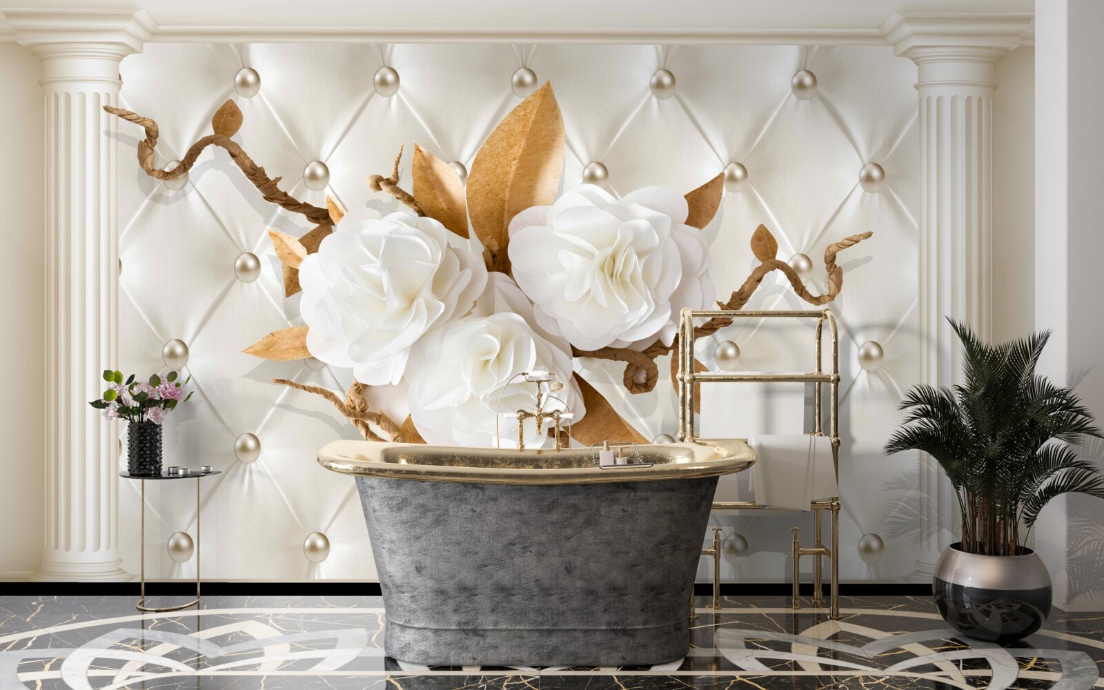 Fototapeta złote gałęzie i śnieżnobiałe kwiaty