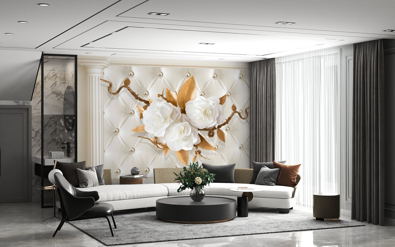 Fototapeta złote gałęzie i śnieżnobiałe kwiaty