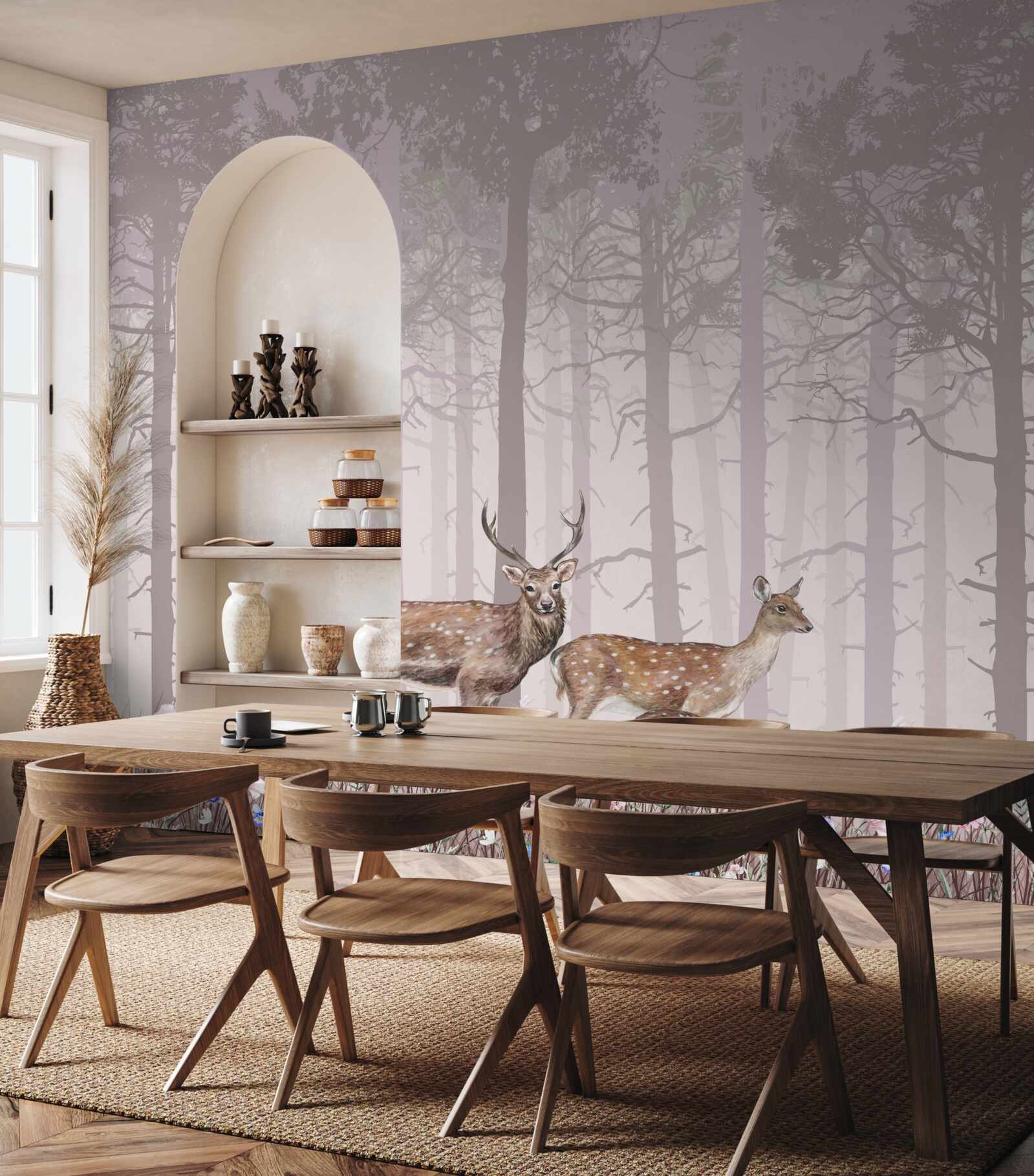 Fototapeta grupa jeleni w mglistym lesie sosnowym