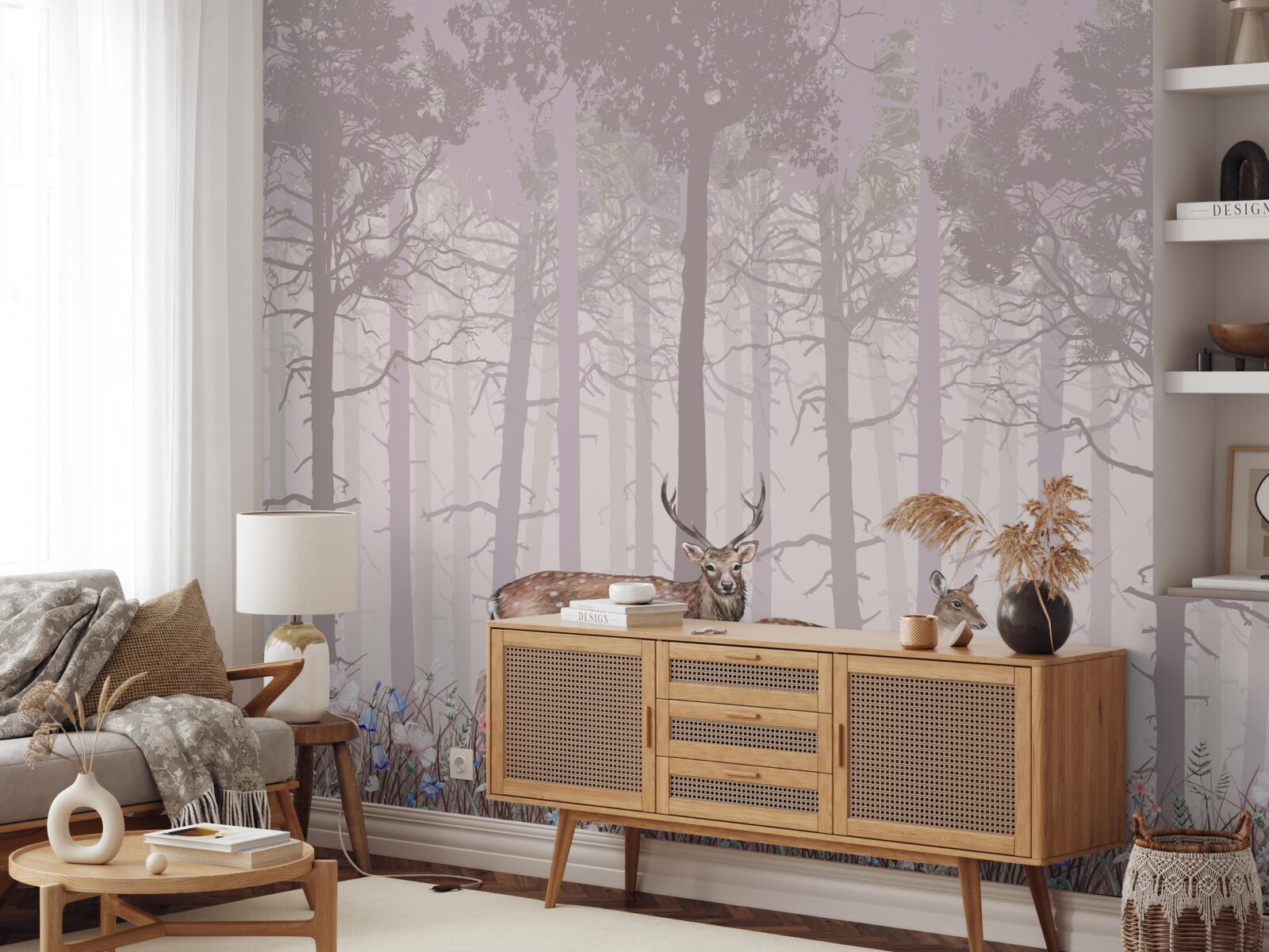 Fototapeta grupa jeleni w mglistym lesie sosnowym