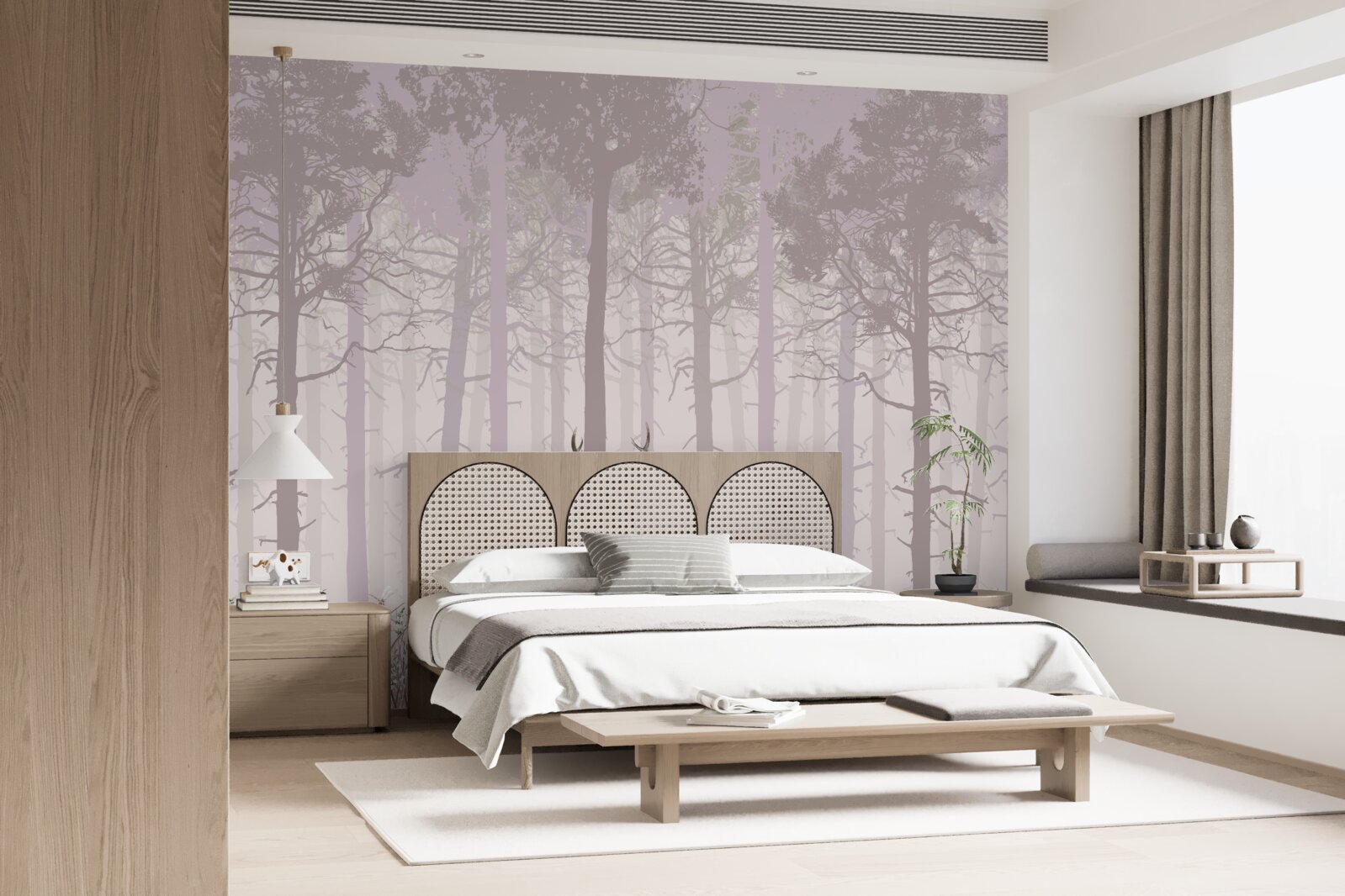 Fototapeta grupa jeleni w mglistym lesie sosnowym