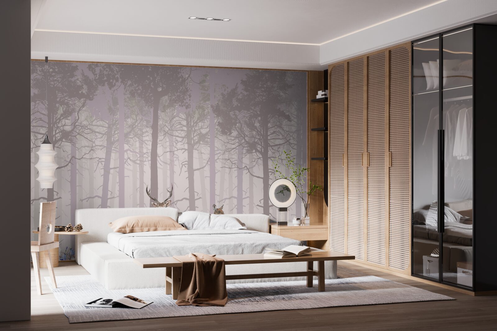 Fototapeta grupa jeleni w mglistym lesie sosnowym