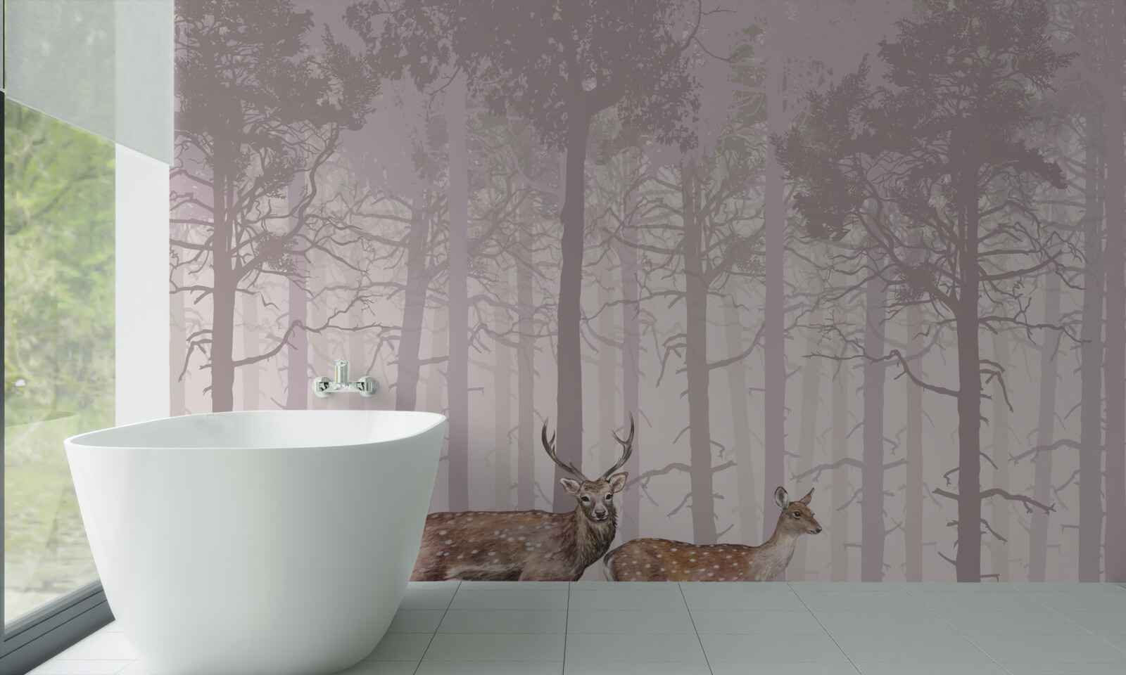 Fototapeta grupa jeleni w mglistym lesie sosnowym