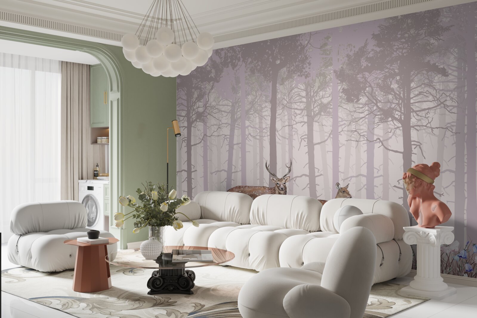 Fototapeta grupa jeleni w mglistym lesie sosnowym