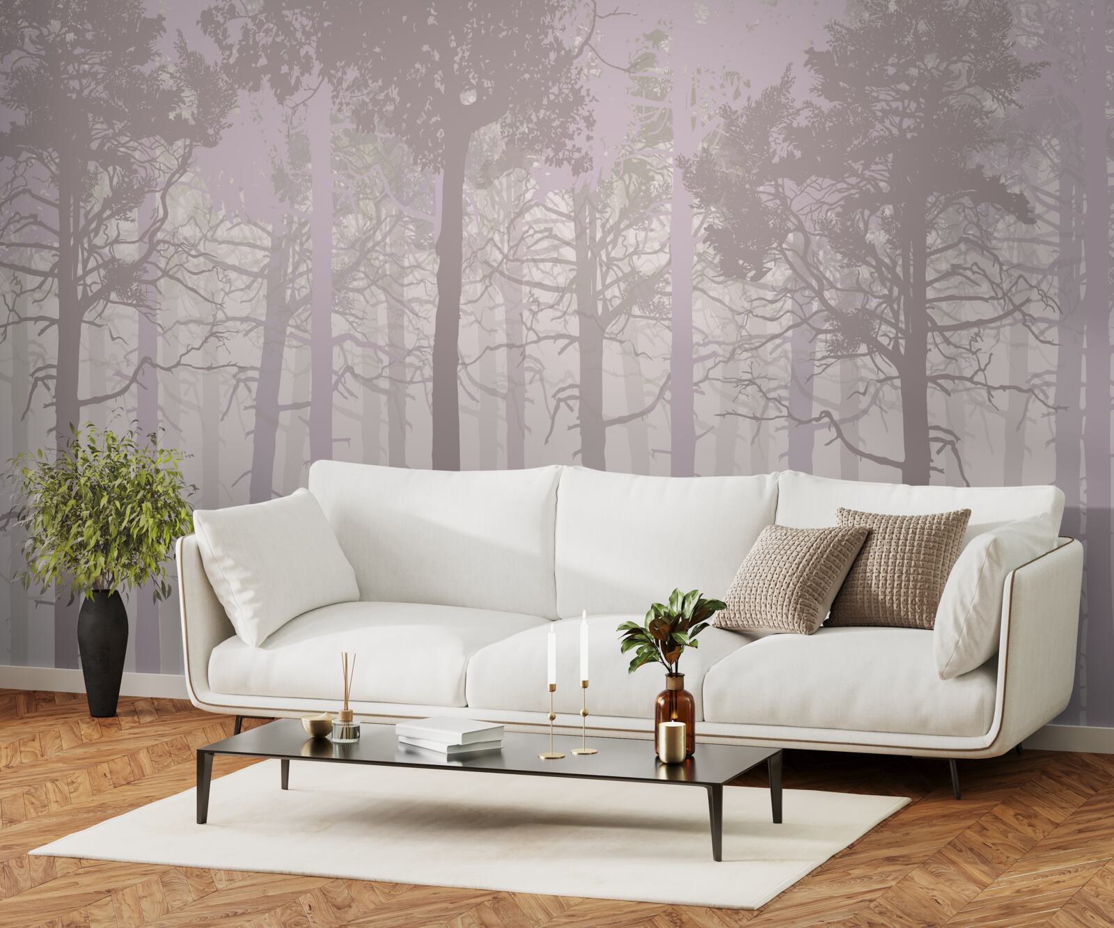 Fototapeta grupa jeleni w mglistym lesie sosnowym