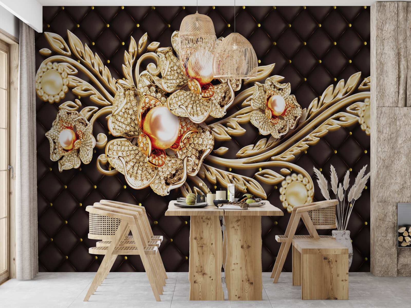 Fototapeta złote kwiaty ozdobione kamieniami szlachetnymi