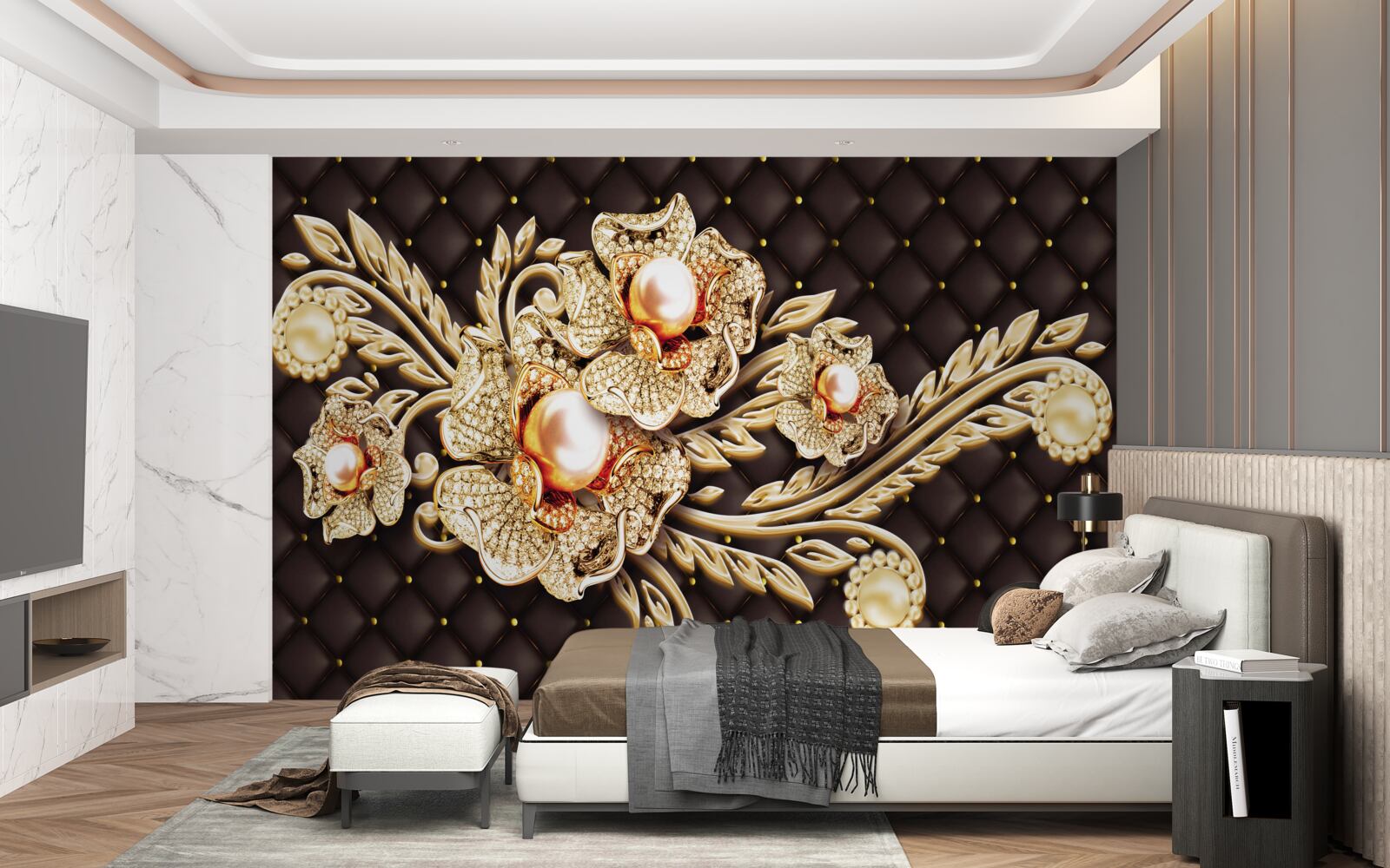 Fototapeta złote kwiaty ozdobione kamieniami szlachetnymi