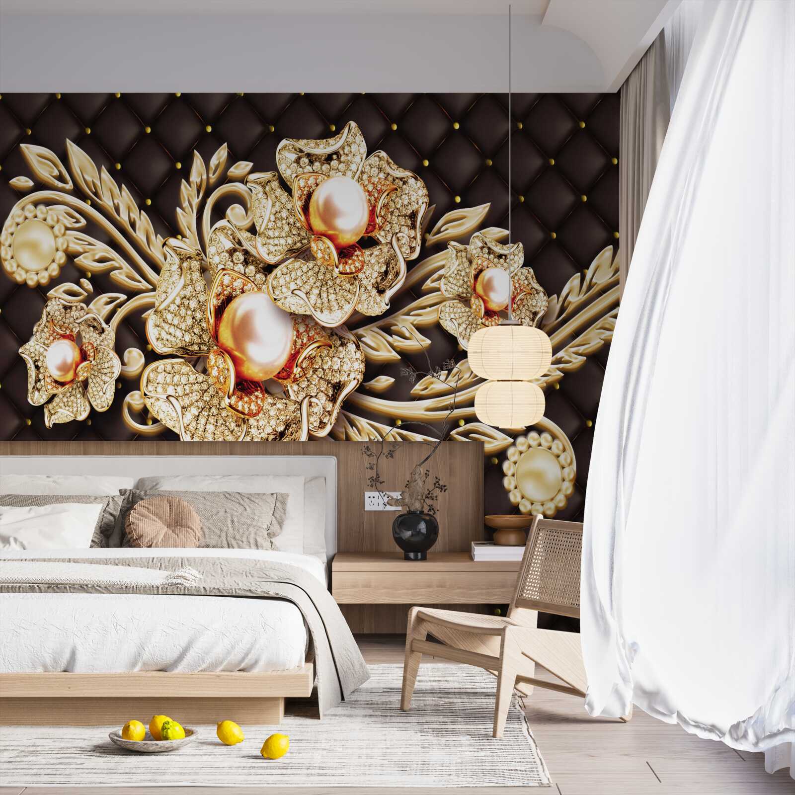 Fototapeta złote kwiaty ozdobione kamieniami szlachetnymi