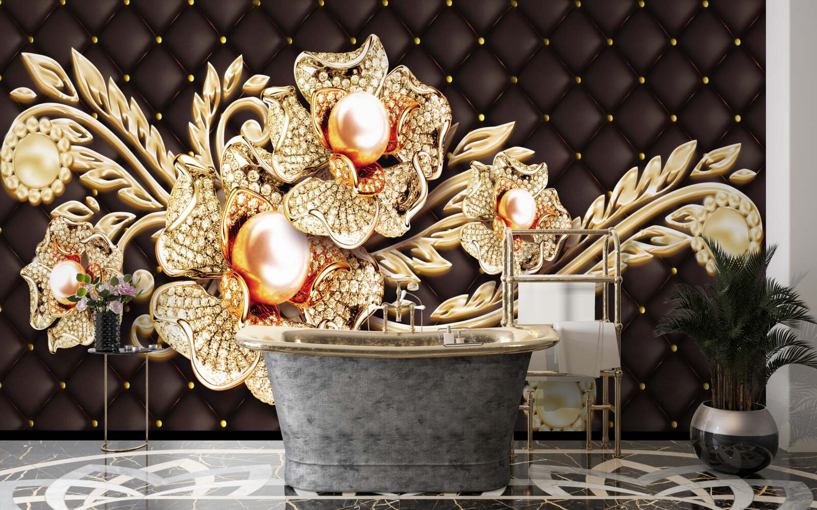 Fototapeta złote kwiaty ozdobione kamieniami szlachetnymi