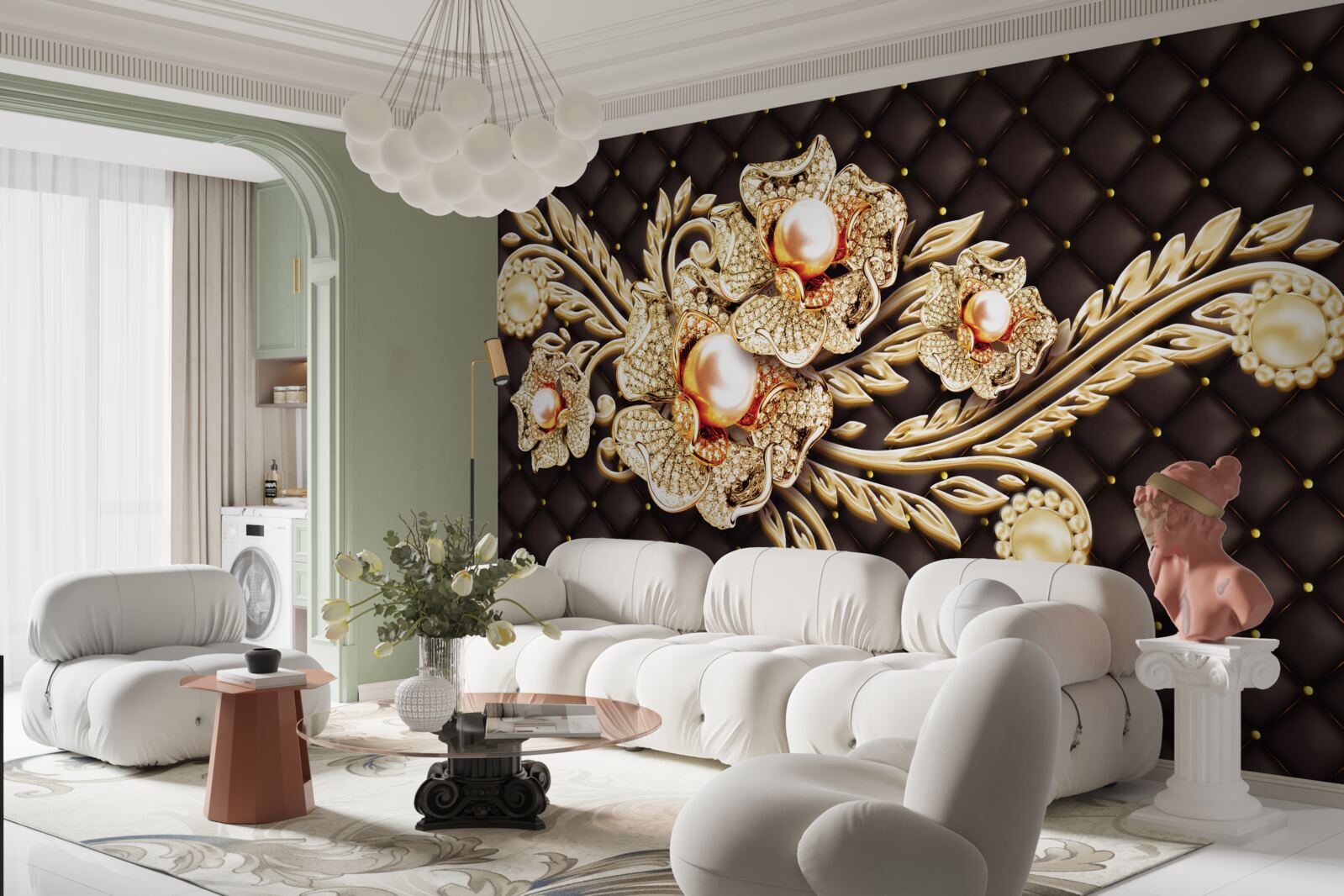 Fototapeta złote kwiaty ozdobione kamieniami szlachetnymi