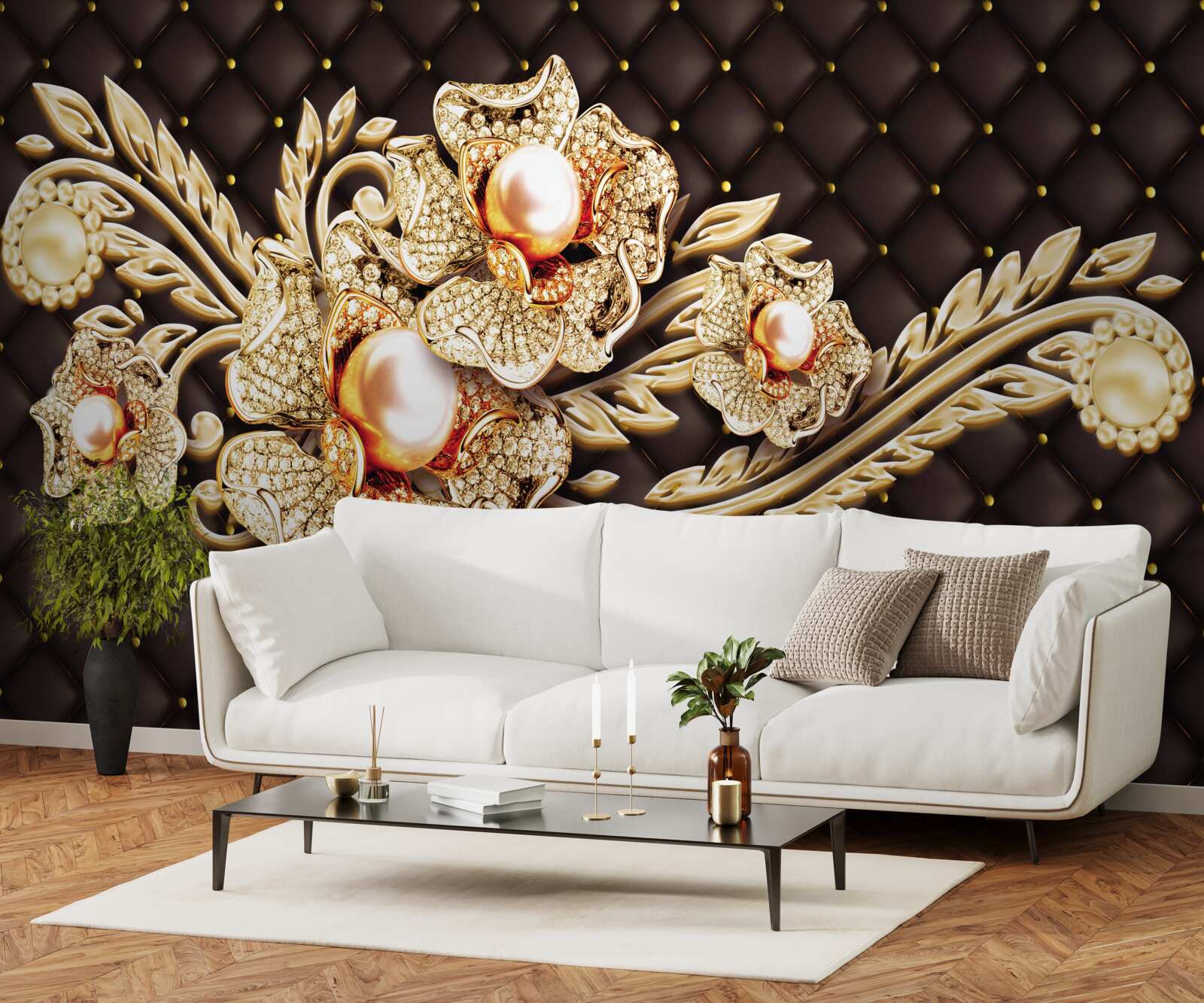 Fototapeta złote kwiaty ozdobione kamieniami szlachetnymi