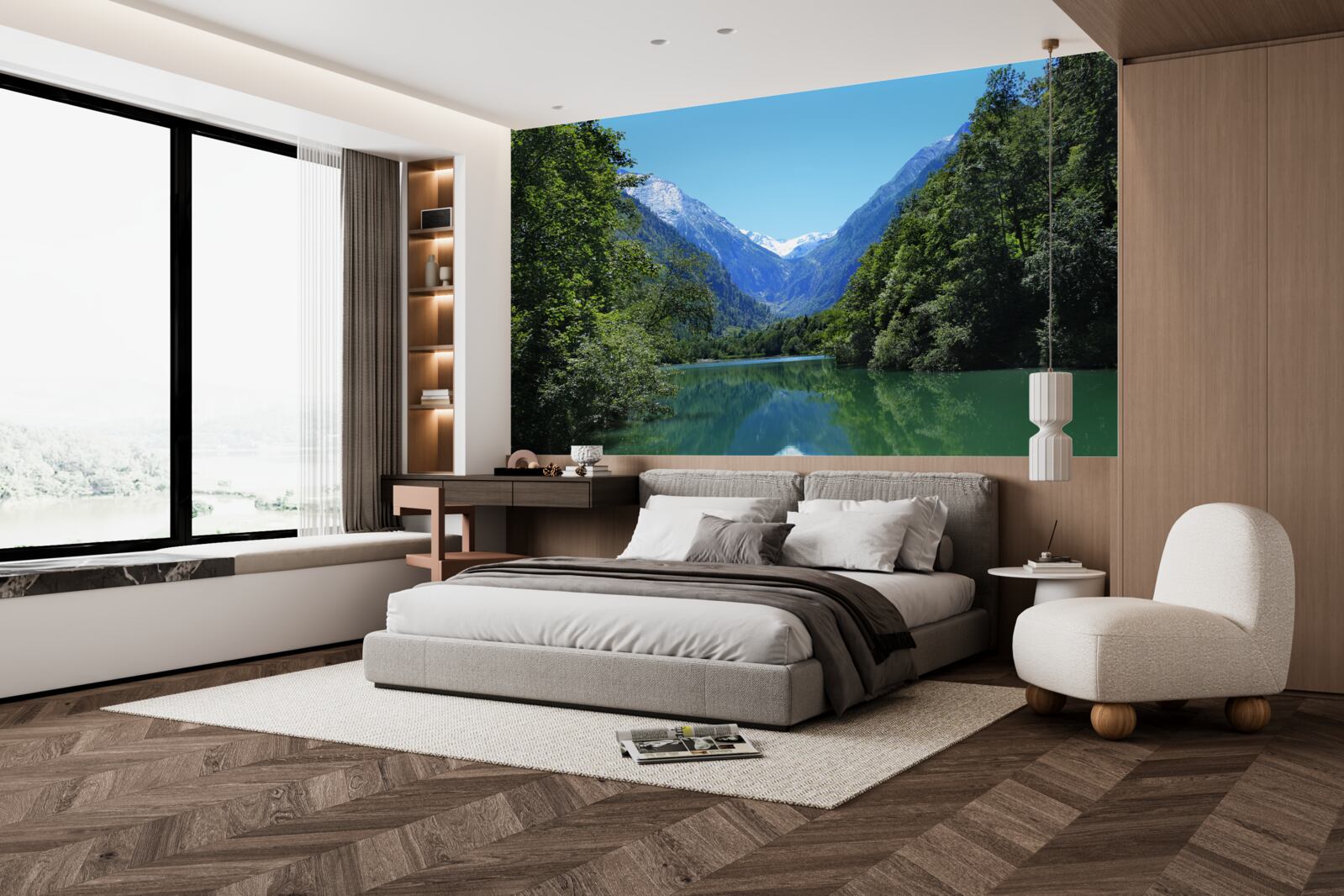 Fototapeta spokojny zbiornik wodny ukryty w gęstym lesie na zboczach gór