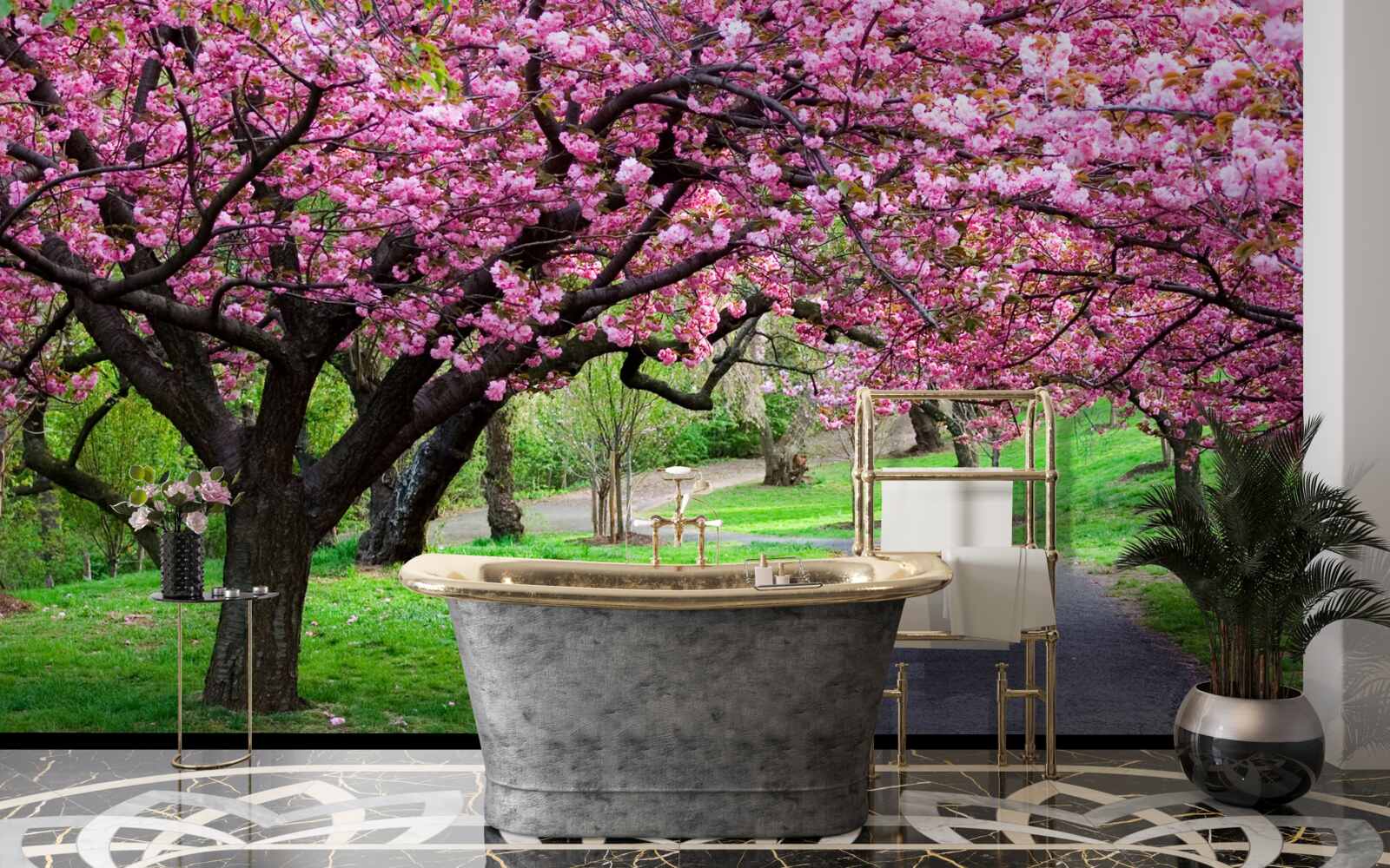 Fototapeta aleja w parku usiana kwiatami