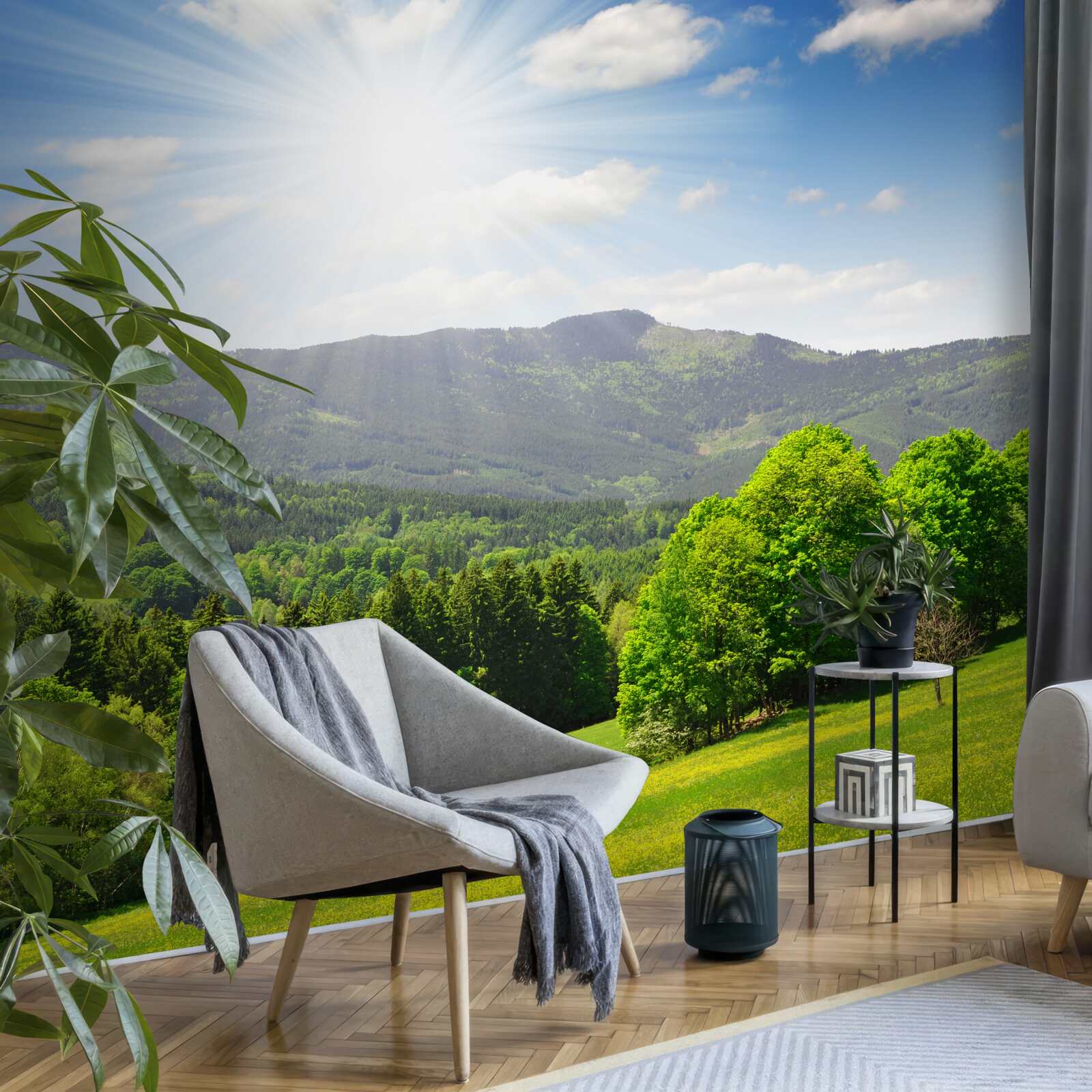 Fototapeta słońce jest w najwyższym punkcie nad zieloną łąką