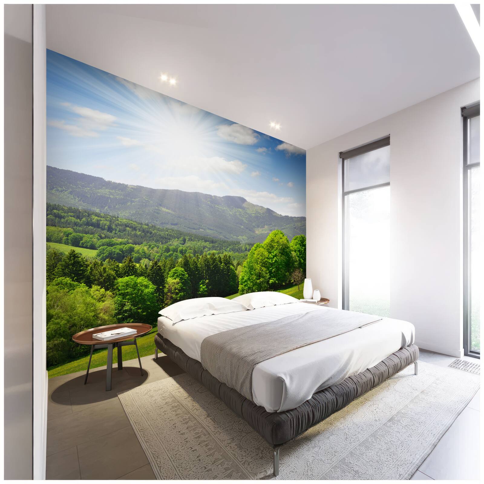 Fototapeta słońce jest w najwyższym punkcie nad zieloną łąką