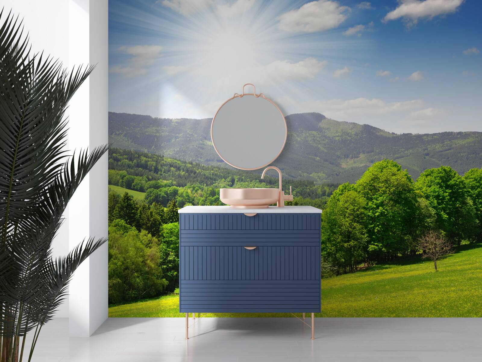 Fototapeta słońce jest w najwyższym punkcie nad zieloną łąką