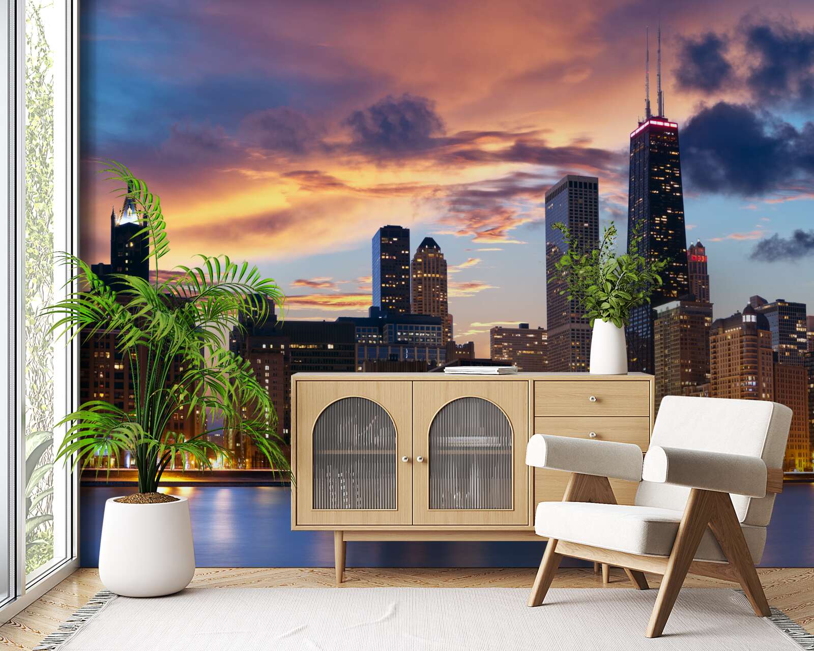 Fototapeta słońce zachodzi nad chicago, illinois