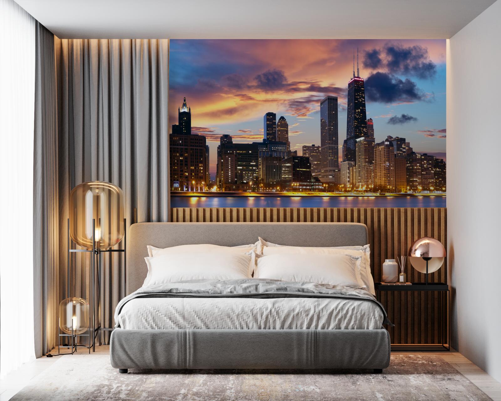 Fototapeta słońce zachodzi nad chicago, illinois