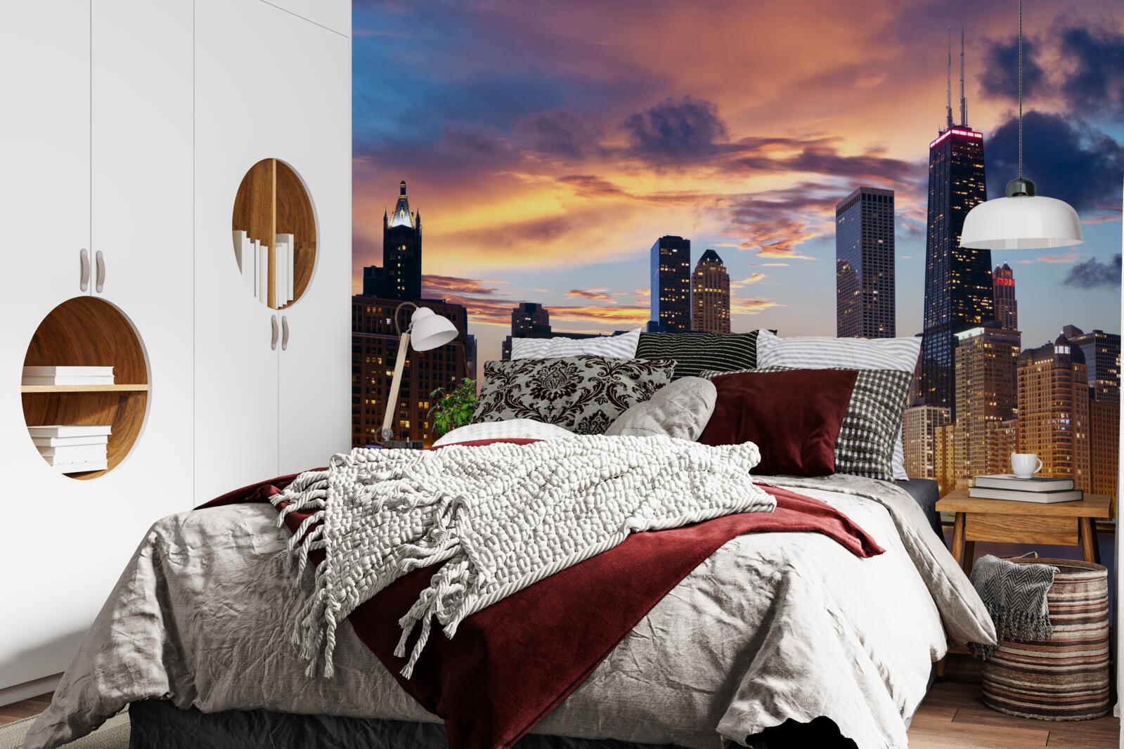 Fototapeta słońce zachodzi nad chicago, illinois