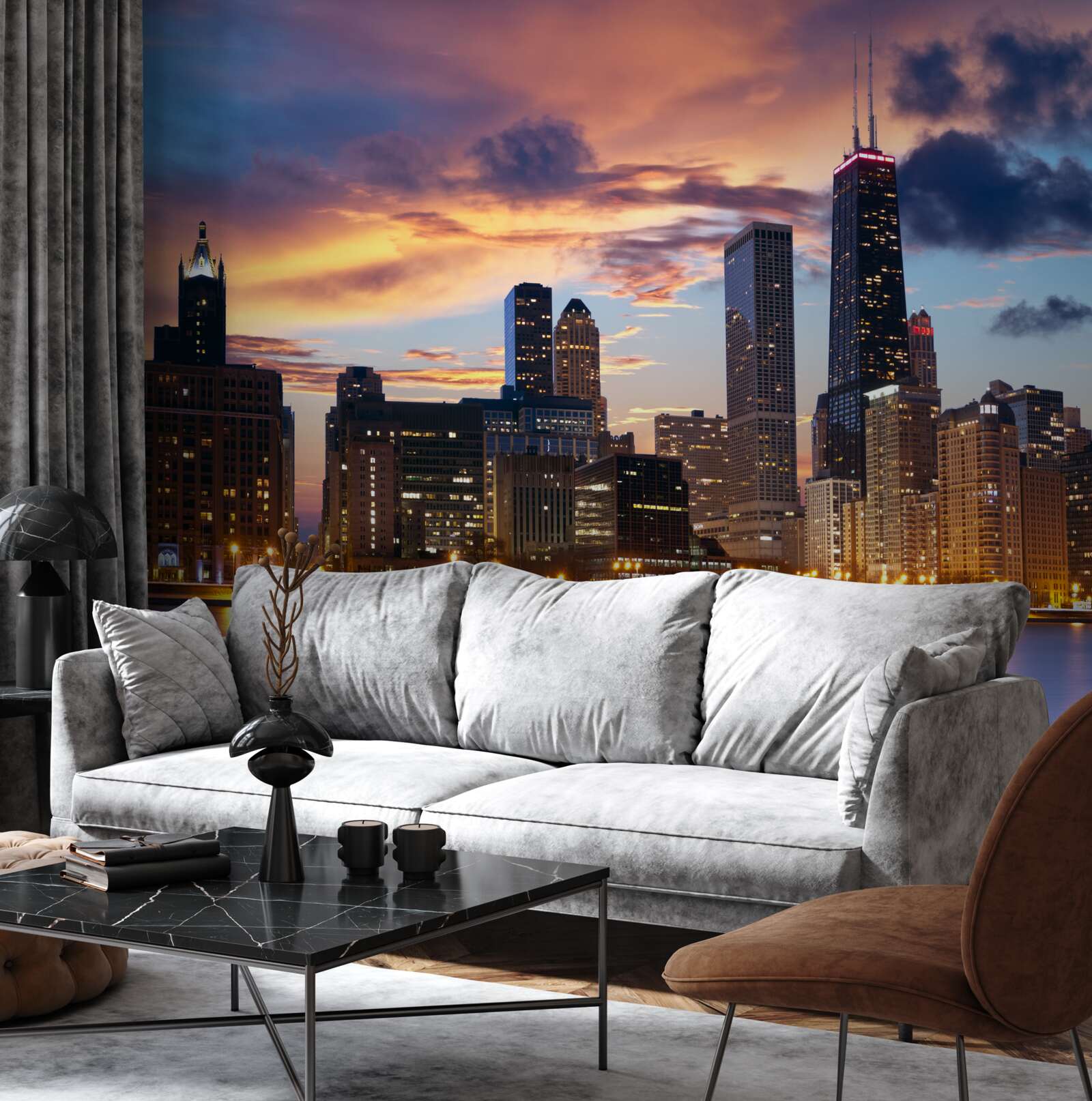 Fototapeta słońce zachodzi nad chicago, illinois