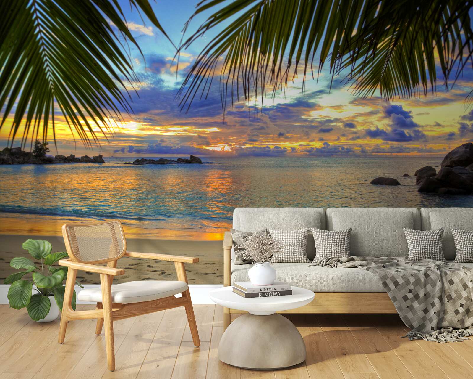 Fototapeta brzeg otoczony jest spokojnym tropikalnym zachodem słońca