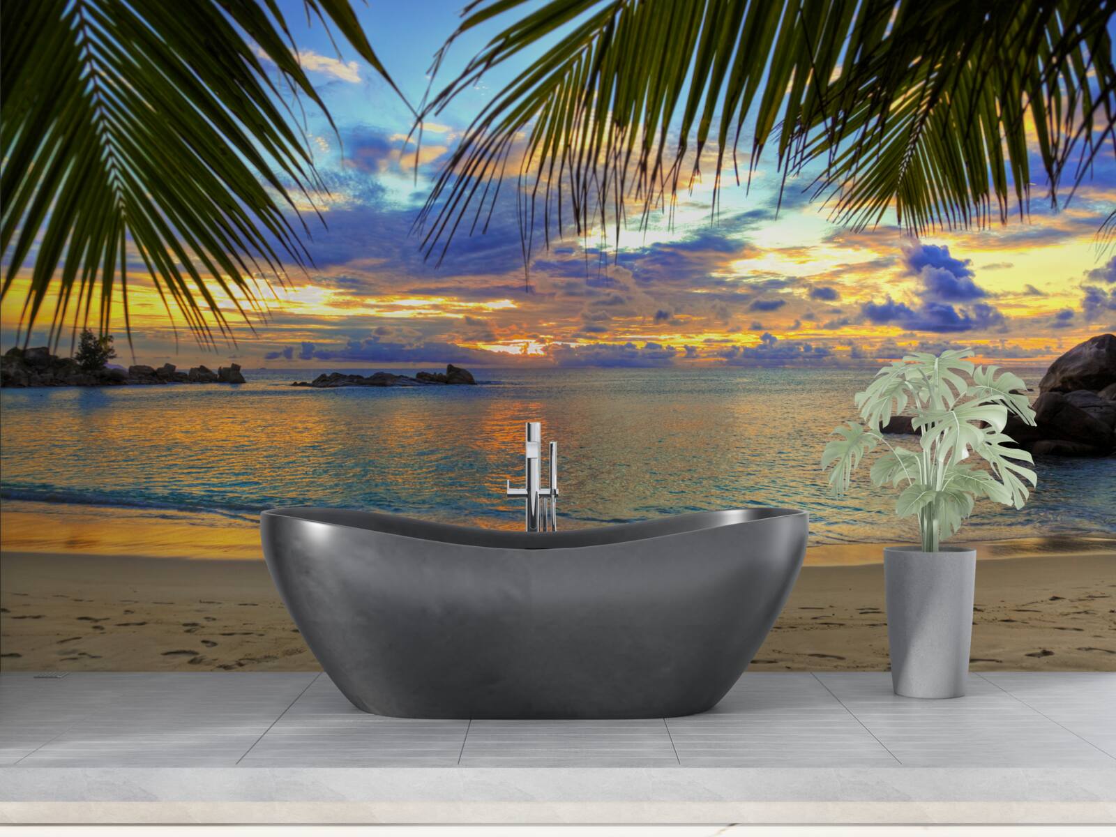 Fototapeta brzeg otoczony jest spokojnym tropikalnym zachodem słońca